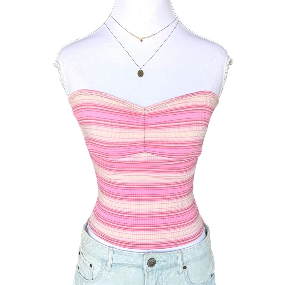 BDG Striped Tube Top Ribbed Sweetheart Neck Pink Cream Y2K Urban Outfitters S